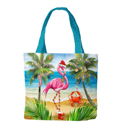 Briarwood Lane Christmas in Paradise Tote bag with pink flamingo, palm trees, and beach scene design.