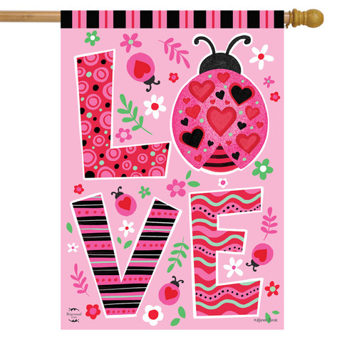 Briarwood Lane pink ladybug double-sided house flag with LOVE and floral pattern design.