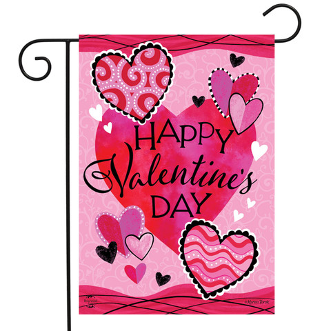 Briarwood Lane pink Patterned Valentine's Hearts Double Sided Garden Flag with black text and hearts.