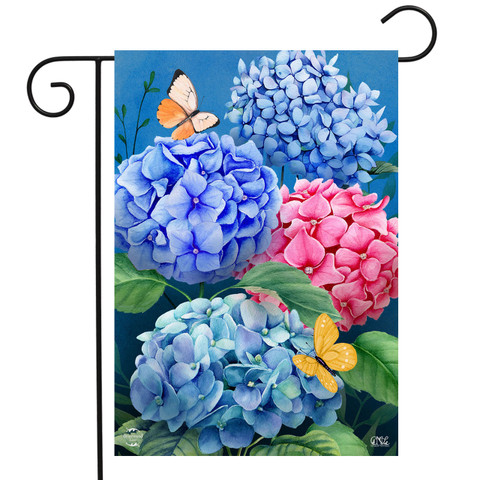 Briarwood Lane Colorful Hydrangeas Garden Flag with blue and pink flowers and butterflies design.