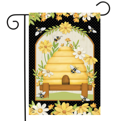 Briarwood Lane Home Sweet Hive Garden Flag with yellow beehive, bees, and flowers on black background.