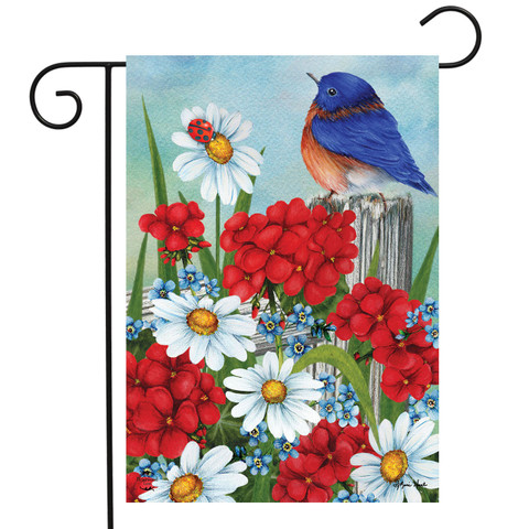 Briarwood Lane Spring Friendship Garden Flag with blue bird, red flowers, and white daisies.