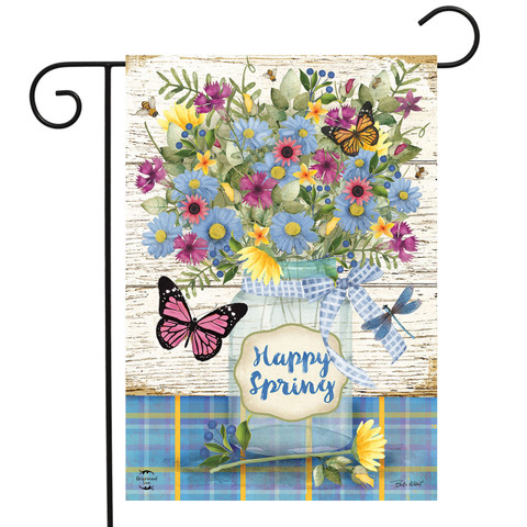 Briarwood Lane Happy Spring Floral Jar Garden Flag with colorful flowers butterflies and dragonfly design.