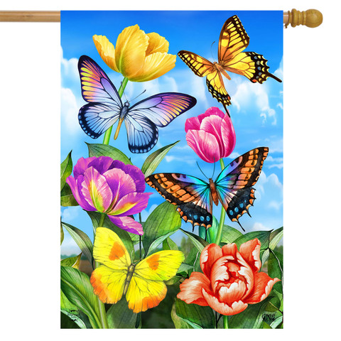 Briarwood Lane Butterflies and Tulips House Flag with colorful butterflies and flowers on blue background.