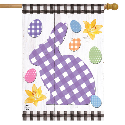 Briarwood Lane purple checkered spring bunny house flag with colorful eggs and yellow leaves design.