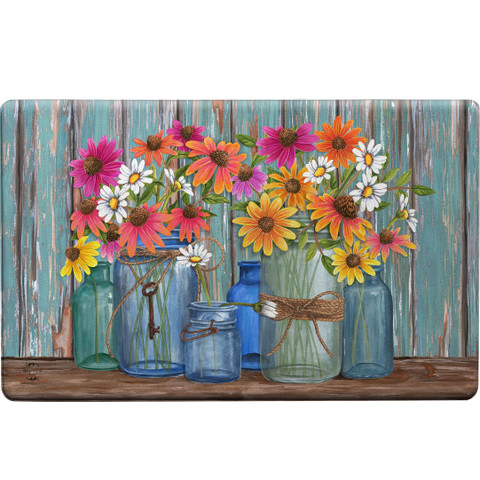 Briarwood Lane Farm Fresh Flowers Comfort Mat with colorful flowers in glass vases on wooden shelf.