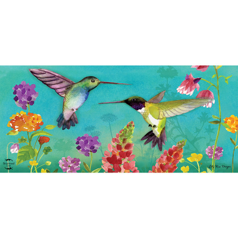 Briarwood Lane Hummingbird Greeting Mini Mat with colorful hummingbirds and vibrant flowers on teal background.