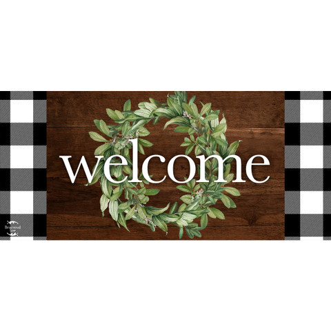 Briarwood Lane Farmhouse Welcome Mini Mat with green wreath and black white buffalo plaid trim.