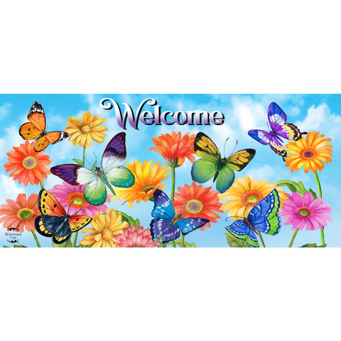Briarwood Lane Fluttering Butterflies Mini Mat with colorful butterflies and flowers and welcome text.