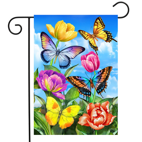 Briarwood Lane garden flag with colorful butterflies and tulips on blue background with white clouds.