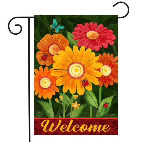 Briarwood Lane Colorful Daisies Garden Flag with welcome message and vibrant orange, yellow, red flowers.