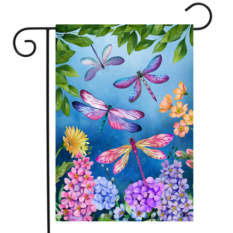 Briarwood Lane Dragonflies Garden Flag with colorful dragonflies, flowers, and leaves on blue background.