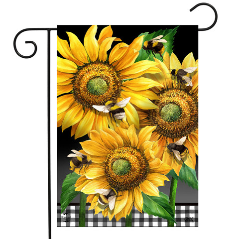 Briarwood Lane Buzzing Sunflowers Garden Flag with yellow flowers and black and white checkered trim.