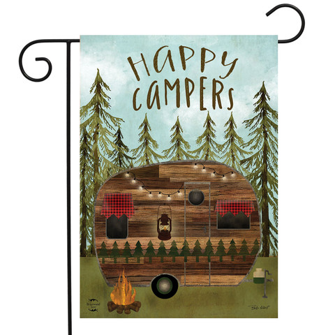 Briarwood Lane Happy Campsite Garden Flag with camper, campfire, and trees outdoor decoration.