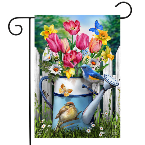 Briarwood Lane garden flag with floral watering can and birds, colorful tulips and butterflies design.