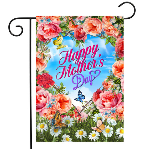 Briarwood Lane Mother's Day Floral Heart Garden Flag with pink roses and colorful butterflies design.