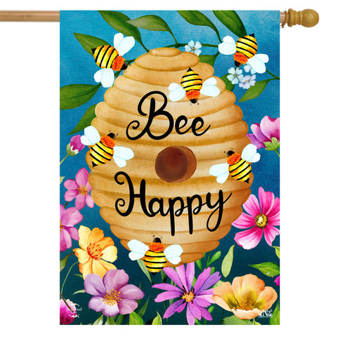 Briarwood Lane Happy Beehive Double-Sided House Flag with colorful flowers and bees on blue background.