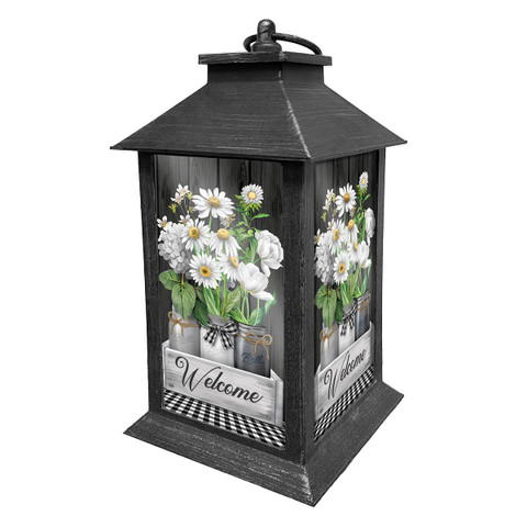 Briarwood Lane crated mason jars lantern with white flowers and welcome sign in black finish.