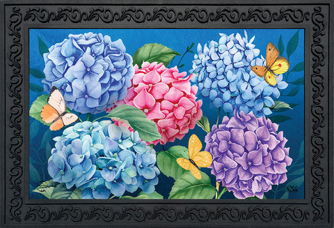Briarwood Lane Colorful Hydrangeas doormat with blue, pink, purple hydrangeas and butterflies on black background.