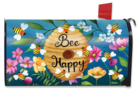 Briarwood Lane Happy Beehive Mailbox Cover with colorful flowers, bees, and honeycomb design.