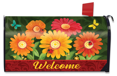 Briarwood Lane Colorful Daisies Mailbox Cover with Welcome sign and vibrant orange, yellow, red flowers.