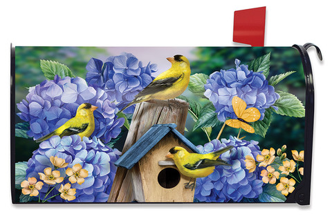 Briarwood Lane Goldfinches and Hydrangea mailbox cover with colorful birds, flowers, and birdhouse design.