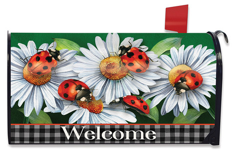 Briarwood Lane Ladybugs and Daisies Mailbox Cover with welcome message on green and checkered background.