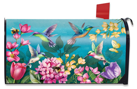 Briarwood Lane Springtime Hummingbirds Mailbox Cover with colorful hummingbirds and flowers design.