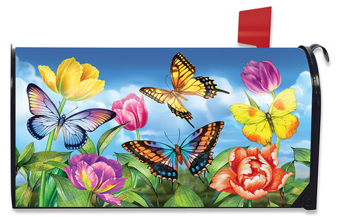 Briarwood Lane Butterflies and Tulips Oversized Mailbox Cover with colorful butterflies and flowers design.