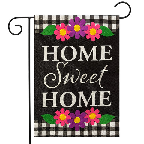 Briarwood Lane Home Sweet Home Flowers Burlap Garden Flag with pink, purple flowers and black accents.