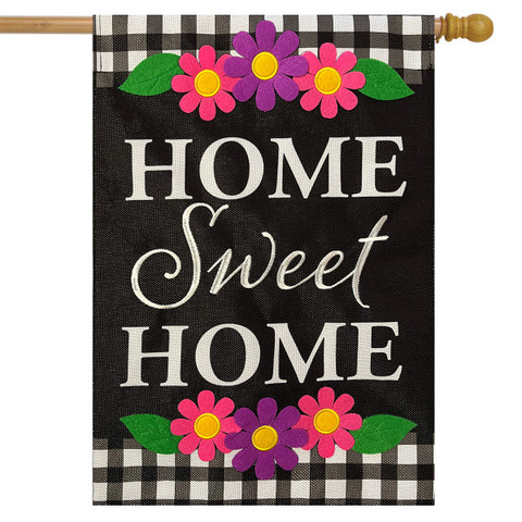 Briarwood Lane Home Sweet Home Flowers Burlap House Flag with pink, purple flowers and black background.