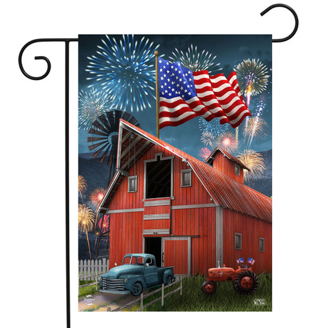 Briarwood Lane American Celebration Barn Garden Flag with red barn, American flag, and fireworks display.