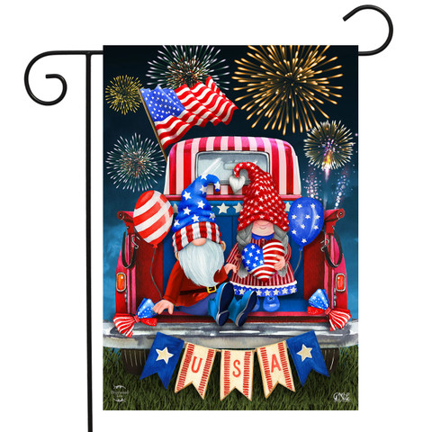 Briarwood Lane Usa Gnomes Garden Flag with patriotic gnomes and American flags on a red truck.