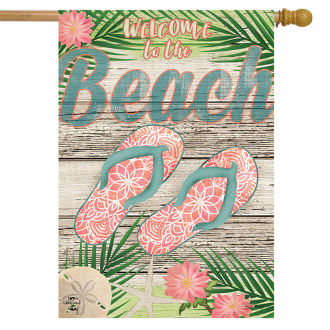 Briarwood Lane Welcome Beach Flip Flops Double-Sided House Flag with pink flowers and green palm leaves.