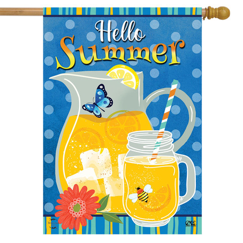 Briarwood Lane Hello Summer Lemonade House Flag with colorful pitcher, glass, and floral design.