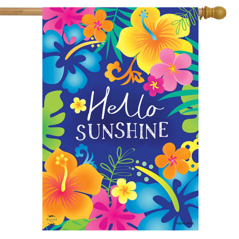 Briarwood Lane Hello Sunshine double-sided house flag with colorful floral design and wooden dowel rod.