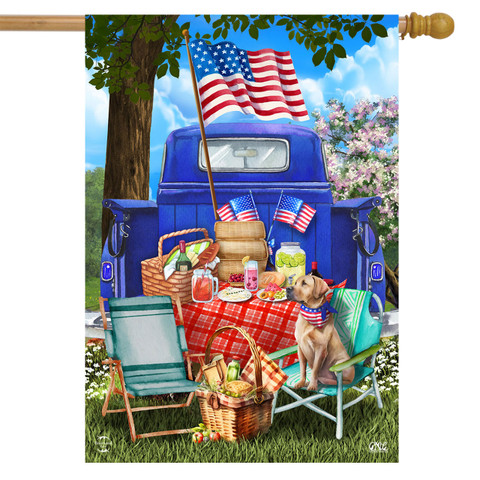 Briarwood Lane All American Picnic House Flag with patriotic picnic scene and American flag.