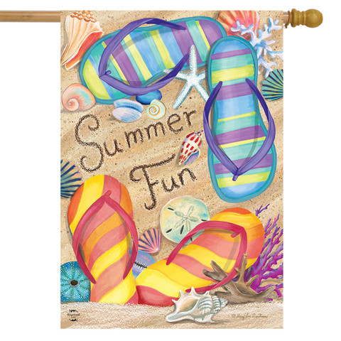 Briarwood Lane Summer Fun Double-Sided House Flag with colorful flip flops and beachy design elements.