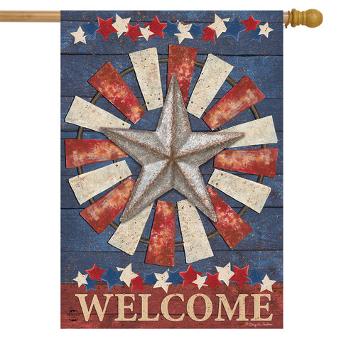 Briarwood Lane Primitive American Barnstar House Flag with rustic star design and welcome text.