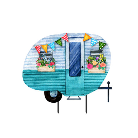 Briarwood Lane Spring Camper Metal Art, teal camper with flowers and bunting on white background.
