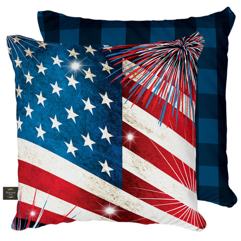 Briarwood Lane Stars and Stripes Pillow with American flag and firework design on blue background.