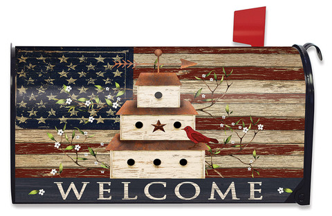 Briarwood Lane Patriotic Birdhouse Mailbox Cover with American flag and red cardinal design, welcome message.