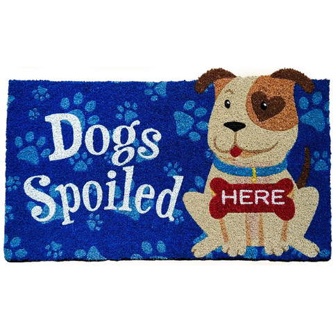 Briarwood Lane Spoiled Pup Coir Doormat with dog design and blue background paw prints.