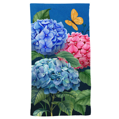 Briarwood Lane Colorful Hydrangeas cotton hand towel with blue, pink hydrangeas and orange butterfly design.