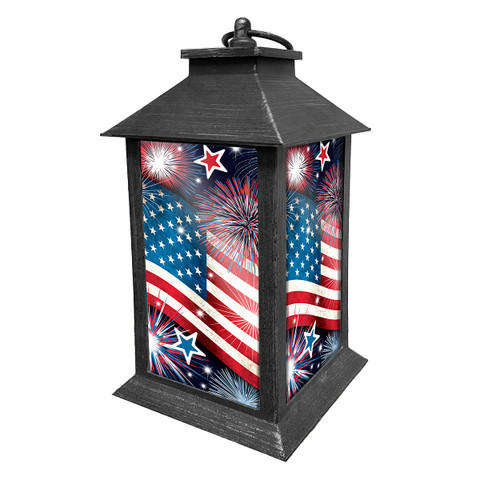Briarwood Lane Stars and Stripes Lantern with American flag and fireworks design in black metal.