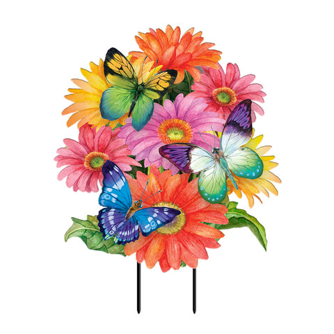 Briarwood Lane Fluttering Butterflies Metal Art with colorful flowers and butterflies on a metal stand outdoors.