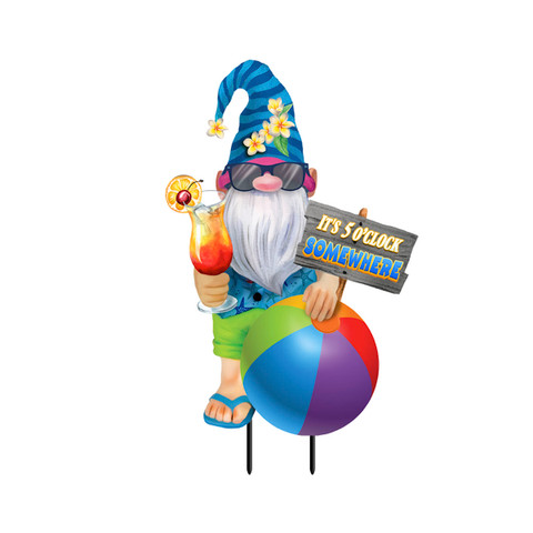 Briarwood Lane Summer Gnome metal art with beach ball, sunglasses, and colorful summer attire standing tall.