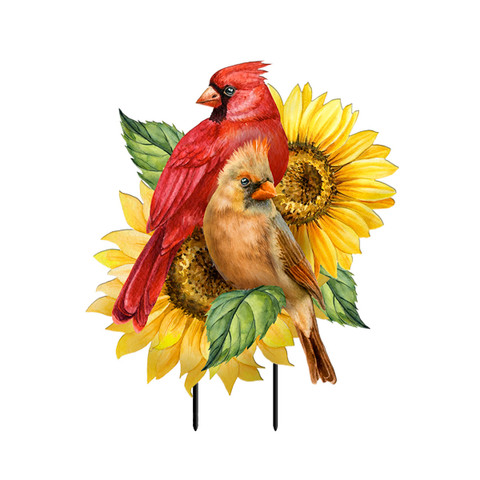 Briarwood Lane Cardinals and Sunflowers Metal Art, red and brown birds on yellow sunflowers with green leaves.