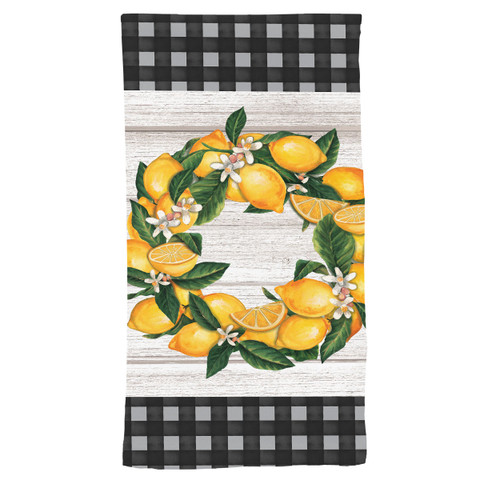 Briarwood Lane Lemon Wreath Hand Towel with black and white checkered trim and lemon design.