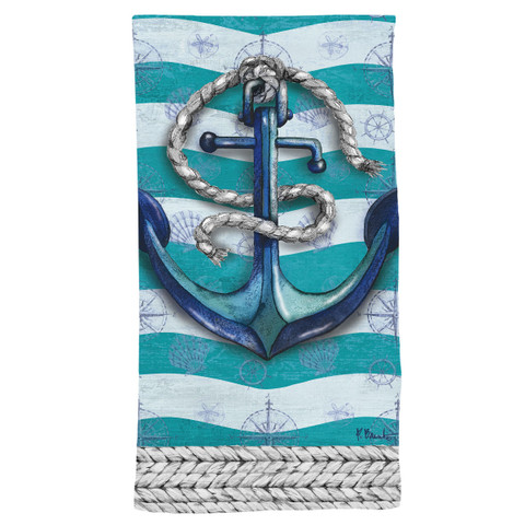 Briarwood Lane Welcome Anchor Hand Towel with nautical anchor design on teal and white stripes.